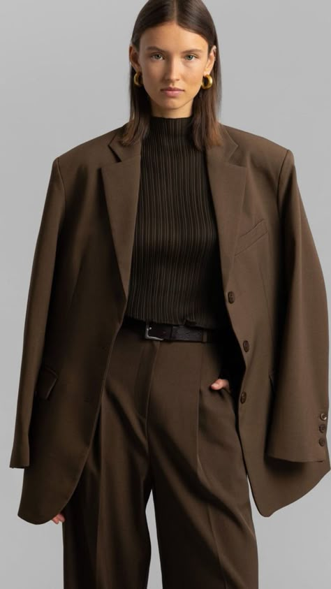 Womens Suits Brown, Prada Suits For Women, Feminine Suit Outfit, Chocolate Brown Suit Women, Brown Suit Women Outfits, Brown Suit Outfits For Women, Brown Suit Women's, Monochromatic Brown Outfit, Brown Monochrome Outfit