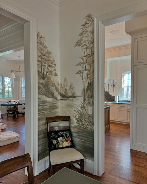 The mural in my dining room is complete!! So happy how it turned out. ❤️❤️ #mural #landscape #diningroom #southernliving Judarn Mural, Mural Dining Room, Dining Room Mural, Mural Landscape, Dining Room Murals, Room Murals, Bathroom Mural, Southern Living, Bathroom Interior