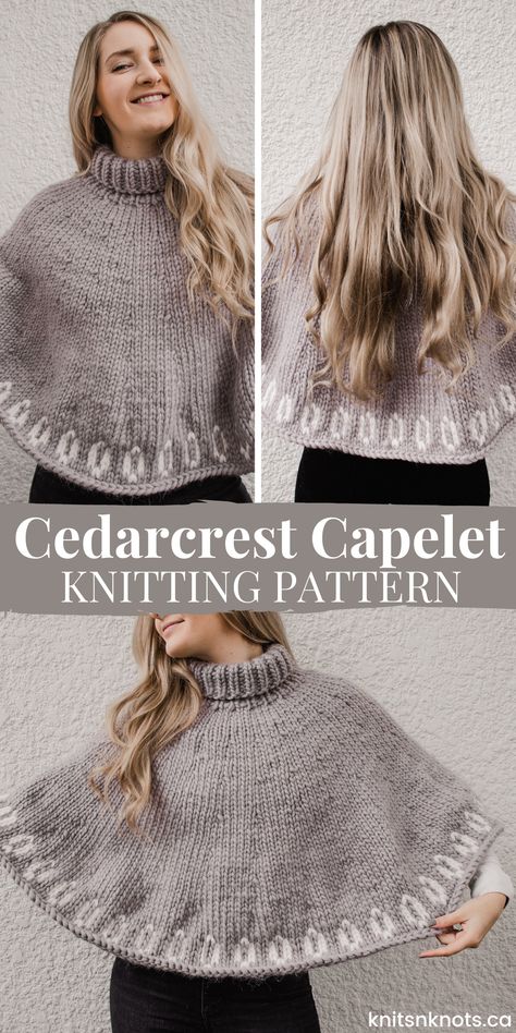 Easy knitting pattern for a chunky capelet with turtleneck and fair-isle colourwork at the bottom hem! Caplets Pattern Knit, Knitted Cape Pattern Free, Knit Poncho Free Pattern, Cape Pattern Free, Cap Design Ideas, Knitted Ponchos, Capelet Knitting Pattern, Knit Capelet, Knitted Cape Pattern