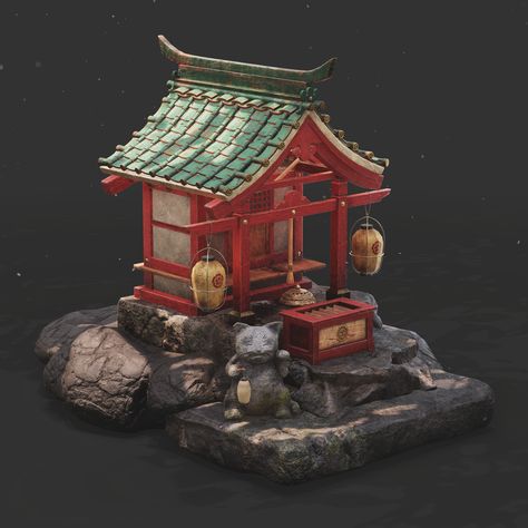 Shrine Illustration, Japanese Shrine Art, Shrine Drawing, Japanese Shrines, Stylized Environment, Shrines Art, Japanese Shrine, Shinto Shrine, 3d Words