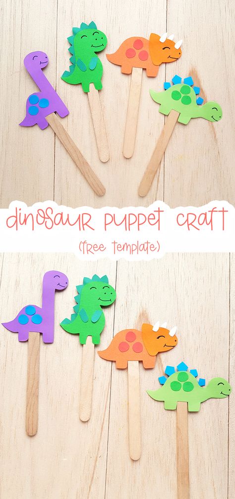 Dinosaur Puppet Craft (Free Template) Dinosaur Craft Activities, Dinosaur Suncatcher Craft, Dino Template Free Printables, Dinosaur Crafts Preschool Printables, Dinosaur Theme Preschool Crafts, Dino Crafts Toddlers, Dinosaur Craft For Toddlers, Dinosaur Templates Free Printable, Dinosaur Arts And Crafts