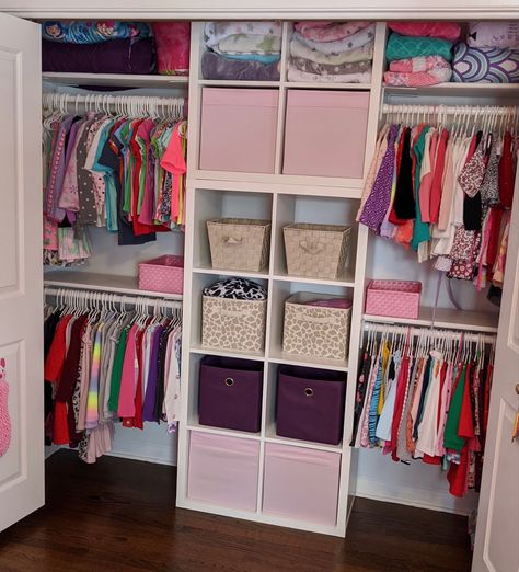 New updated DIY closet using IKEA Kallax storage Kids Room Closet Storage, Shared Room Closet Organization, Childs Closet Organization Ideas, Creative Clothing Storage Bins, Hack My Home Ideas, Shared Bedroom Closet Organization, Girls Bedroom Closet Ideas, Ikea Kallax In Closet, Kallax Ikea Closet