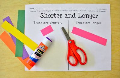 Kiddos compare same colored strips and glue on appropriate side...fun for students and easy prep for teacher! Measurement Kindergarten, Prek Math, Math Measurement, Kindergarten Teaching, Math Numbers, Math Stations, Math Concepts, Preschool Math, Teaching Kindergarten