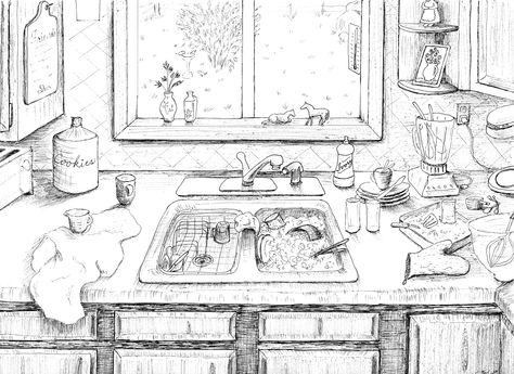 Croquis, Kitchen Sink Illustration, Messy Kitchen Drawing, Messy Kitchen Aesthetic, Kitchen Sink Drawing, Sink Sketch, Sink Drawing, Kitchen Sink Area, Perspective Room