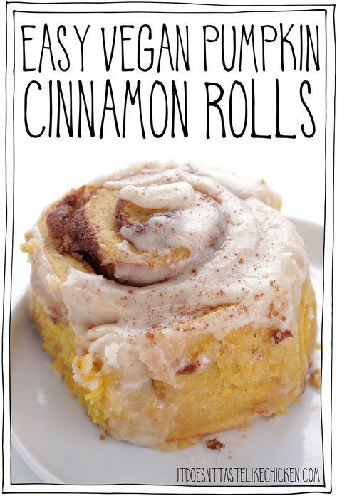 These easy vegan pumpkin cinnamon rolls are the perfect treat on a chilly autumn day. Soft, moist, pumpkin-infused dough, swirled with buttery brown sugar and pumpkin pie spice, and topped with a simple vegan cream cheese icing. These rolls are also easy to make, requiring no yeast at all! Perfect for a make-ahead breakfast. #itdoesnttastelikechicken #veganrecipes #vegandesserts #veganbaking #pumpkin #thanksgiving Vegan Cinnamon Buns Recipe, Vegan Pumpkin Spice, Vegan Pumpkin Recipes, Vegan Cinnamon Rolls, Vegan Baking Recipes, Pumpkin Cinnamon Rolls, Like Chicken, Cloud Bread, Vegan Thanksgiving