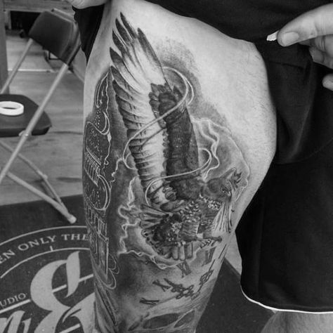 Top 73 Thigh Tattoo Ideas - [2020 Inspiration Guide] Eagle Tattoo Thigh, Best Thigh Tattoos, Tattoo Writing Styles, Inner Thigh Tattoos, Thigh Tats, Calf Sleeve Tattoo, Thigh Tattoo Ideas, Upper Leg Tattoos, Thigh Tattoo Men