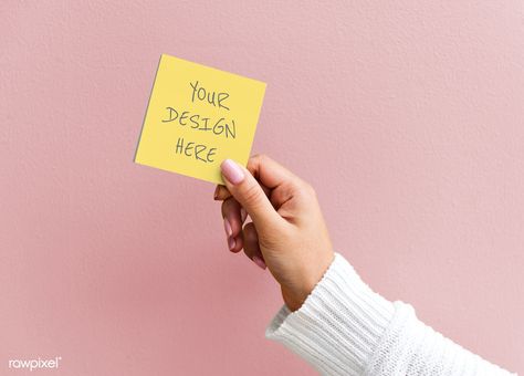 Woman holding a sticky note mockup against a pink wall | premium image by rawpixel.com / Oreo_Chit / Tong Hand Holding Card, Yellow Sticky Notes, Mockup Ideas, Hand Card, Funny Business Cards, Web Ideas, Design Mockup Free, Web Design Resources, Packaging Template