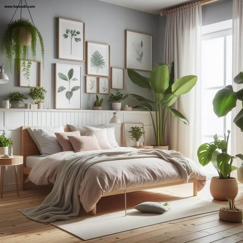 Bedroom Idea Plants, bedroom decor, bedroom ideas, bedroom interior, bedroom design, bedroom inspiration #bedroom #bedroomideas Botanical Bedroom Ideas, Greenery House, Calm Bedroom Ideas, Plants In Bedroom, Plants Bedroom, Japandi Bedroom, Small Guest Bedroom, Bedroom Colour Palette, Creative Bedroom