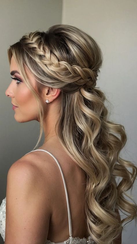 Elevate Your Elegance: 15 Half Up Half Down Wedding Hairstyles for Blissful Brides - Habitual Habitat Half Up Half Down Curls With Braid, Long Hair Reception Hairstyles, Bride Hairstyles For Long Hair Straight, Bride Hairstyle With Braid, Half Up Wedding Hairstyles Braid, Wedding For Medium Hair Half Up, Hair Down For Wedding Bridesmaids, Half Up Half Down Hairstyles Wedding Medium Hair, Maid Of Honor Braid Hairstyles