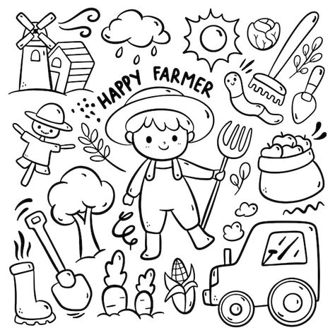 Farmers Market Doodle, Farmer Drawing Easy, Children's Book Illustration Styles, Farm Doodles, Farmer Drawing, Cartoon Farmer, Doodle Cake, Books Illustration, Doodle Vector