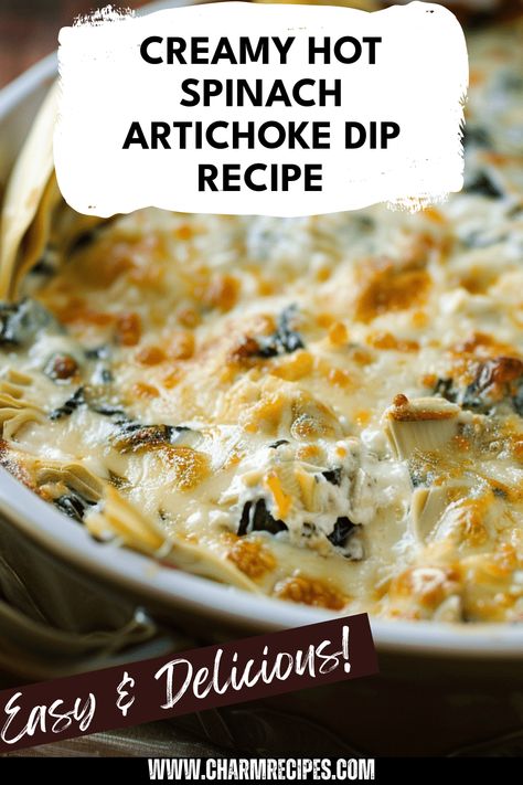 This creamy Hot Spinach Artichoke Dip is the perfect appetizer for your next get-together or cozy night in. Made with fresh spinach, savory artichokes, and a blend of cheeses, this delicious dip will have everyone coming back for more. Serve it warm with crispy tortilla chips or fresh veggies for a tasty treat that’s sure to impress your friends. Whether it's for a party, game night, or a movie marathon, this dip is a crowd-pleaser you can't miss! Try making this simple, satisfying recipe today. Spinach Artichoke Dip Fresh Spinach, Spinish Artichoke Dip Recipes Easy, Spinach Artichoke Dip Baked, Cheddars Spinach Artichoke Dip, Spinach Artichoke Parmesan Dip, Artichoke And Spinach Dip, Crock Pot Artichoke Spinach Dip, Artichoke Spinach Dip Recipe, Dip Artichoke