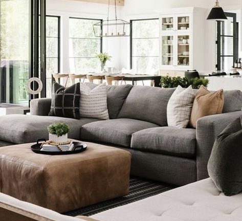 Dark Grey Couch With Ottoman, Charcoal Gray Furniture Living Rooms, Charcoal Grey Sectional Decor, Dark Grey Couch Living Room With Ottoman, Grey Sectional Pillows, Large Grey Sectional Living Room, Charcoal Couch Living Room Modern, Grey Couch Brown Ottoman, Dark Grey Leather Couch Living Room