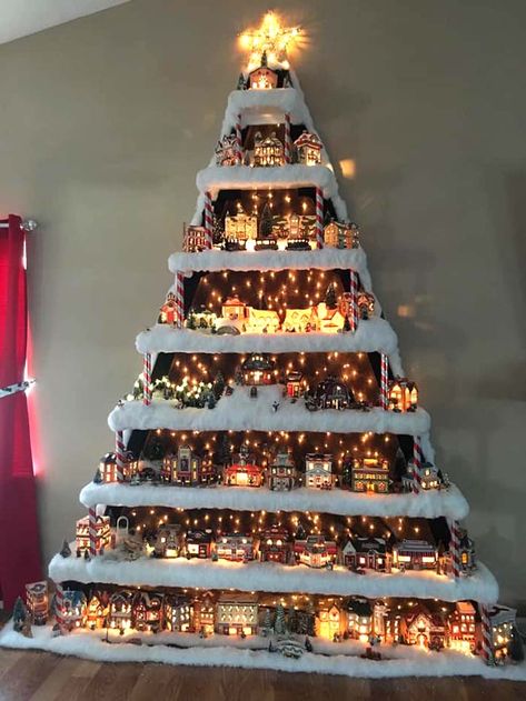 Wall Christmas Village Tree #Christmas #trees #decorhomeideas How To Make Christmas Village Tree Display, How To Store Christmas Village Houses, Christmas Tree Village Display Ideas, Christmas Dome Displays, Ways To Display Christmas Village, Christmas Houses Village Display, Christmas Village Stand, Christmas Village Set Up Ideas, Christmas Village Display Ideas Diy