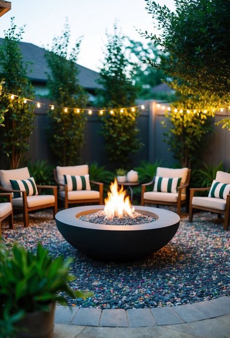 10 Pea Gravel Fire Pit Ideas To Revamp Your Outdoor Oasis! Back Patio Fire Pit Ideas, Classy Landscaping Ideas, Fire Pit Yard Ideas, Outdoor Gravel Fire Pit Area, Crushed Granite Fire Pit Area, Landscape With Pea Gravel, Outdoor Rock Patio Ideas, Concrete Patio Ideas With Fire Pit, Fire Pit Garden Ideas Backyard