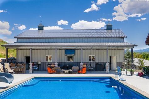 Pole Barn Pool House & Garage - Beehive Buildings - 40x50x15 Pool Shop Ideas, Pool House With Living Quarters, Pole Barn Pool House Ideas, Pool House With Garage, Rustic Pool House, Pole Barn Pool House, Pool Barn House, Pool Addition, Garage Pool House