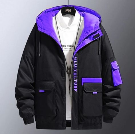 Cyberpunk Jacket Design, Cyberpunk Hoodie Design, Techwear Jackets Men, Gamer Outfits Men, Purple Techwear, Puffy Coat Outfit, Futuristic Jacket, Cyberpunk Hoodie, Cyberpunk Costume