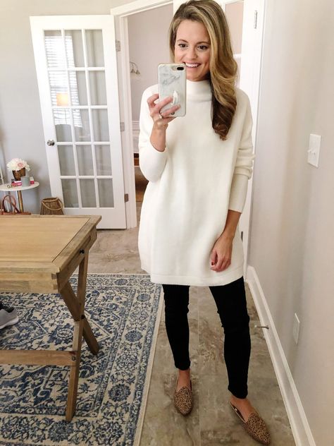 Long Cream Sweater Outfit, Cream Sweater Dress Outfit, Tunic Sweater Outfits, Sweater Dress Leggings, Cheers To Friday, Long Sweater Outfits, Ivory Sweater Dress, Classic Work Outfits, Cream Sweater Dress