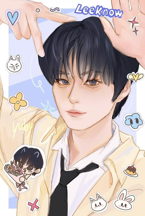 Kpop Fan Art Wallpaper, Lee Know Fanart Cute, Skz Anime Fan Art, Leeknow Fanart, Skz Fanart Cute, Lee Know Fan Art, Skz Dibujos, Art Spread, Lee Know Fanart