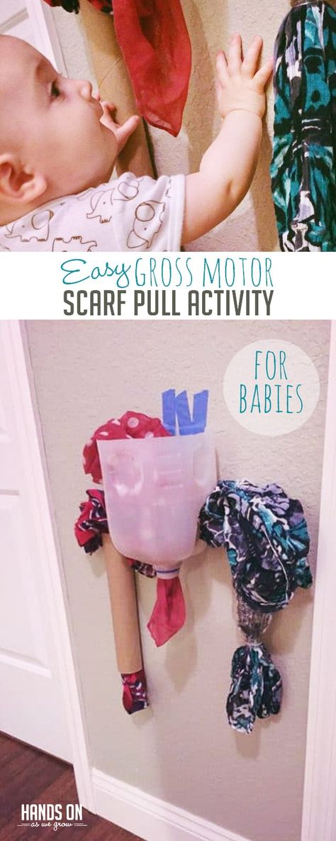 Use a simple scarf pull activity to work on gross motor skills and help your baby work on standing, too! via @handsonaswegrow Infant Activities Daycare, Infant Classroom, Baby Sensory Play, Baby Play Activities, Toddler Classroom, Gross Motor Activities, Motor Skills Activities, Daycare Activities, Toddler Development