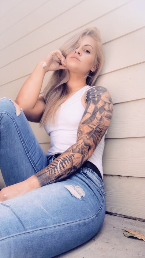 Patriotic Female Tattoo, Women American Flag Tattoo, American Sleeve Tattoo For Women, Women Flag Tattoo, American Flag Inner Bicep Tattoo, Black And White Sleeve With Pop Of Color, Woman’s Western Sleeve Tattoo, Half Sleeve American Flag Tattoo, Conservative Tattoos For Women