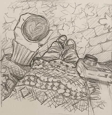 Pencil Cute Drawings, Fall Drawing Ideas Aesthetic, Downtown Drawing Ideas, Autumn Sketch Ideas, Autumn Pencil Drawing, Autumn Sketches Pencil, Fall Sketchbook Ideas, Quick Pen Sketches, Autumn Drawing Aesthetic