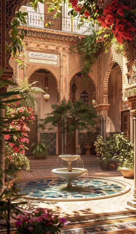 Gardens With Fountains, Middle Eastern Courtyard, House With Fountain, Celebrity Gardens, Modern Courtyard Design, Arabian Garden, Garden With Fountain, Fountain Aesthetic, Arabic Garden