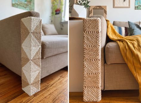 Bohemian Modern Corner Cat Scratchers That Protect Your Furniture Couch Protection From Cats, Protect Sofa From Cat, Diy Corner Cat Scratcher, Cat Scratched Couch Repair, Cover Cat Scratches On Couch, Couch Scratching Post, Sofa Cat Scratcher, Couch Corner Cat Scratcher Diy, Couch Cat Scratcher