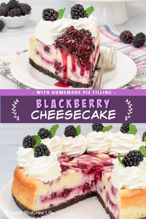 This Blackberry Cheesecake is the perfect dessert for any occasion. It has a chocolate crust and a vanilla cheesecake with swirls of homemade blackberry pie filling. The delicious combo will have you wanting more! Blackberry Pie Filling, Chocolate Graham Cracker Crust, Blackberry Dessert, Blackberry Cheesecake, Yummy Cheesecake, Blackberry Pie, Birthday Cake Decorating Ideas, Blackberry Recipes, Dessert Recipies