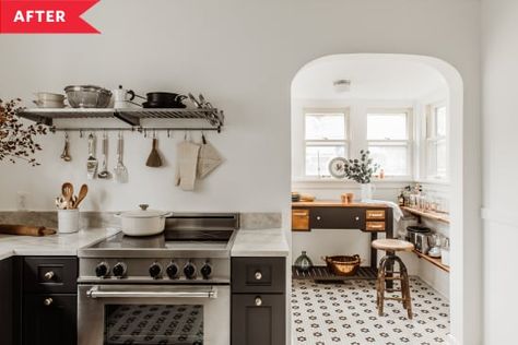 After: Bright, modern farmhouse-style kitchen with black and white tile floors Black And White Tile Kitchen Floor Vintage, 1920 Kitchen Design, Black And White Tile Kitchen, 1920’s Kitchen, 1920s Kitchen Remodel, 1920 Kitchen, Vintage Kitchen Tile, White Kitchen Floor, White Tile Kitchen Floor