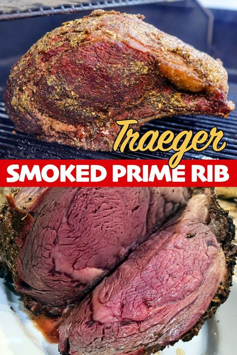 If you're looking for the BEST Traeger Smoked Prime Rib, look no further! This simple-to-follow Traeger Prime Rib recipe promises BIG flavor and delivers the moistest, most flavorful prime rib you'll ever have the pleasure of biting into! #traegerprimerib #primeribrecipe #bestprimeribrecipe #smokedprimerib #hildaskitchenblog Traeger Prime Rib, Grilled Prime Rib, Smoked Prime Rib Roast, Traeger Cooking, Pellet Smoker Recipes, Smoked Prime Rib, Prime Rib Roast Recipe, Traeger Grill Recipes, Cooking Prime Rib