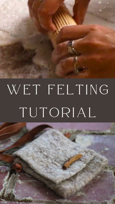 Wet felting with wool is a beginner-friendly fiber art project that yields exciting, functional results! Watch or read step by step as I make this rustic wool felt bag. Wet felting is the process of creating felt using wool, water, soap, and friction. Felt is one of the world’s oldest known textiles. It requires no tools to make, besides the hands. It’s such a simple craft, but can be executed in an infinite number of ways. Felting Crochet Projects, How To Wet Felt Tutorials, Wet Wool Felting Projects, Wet Felting Tools, How To Felt Wool Tutorials, Wet Felting Projects Tutorials, Wool Felting Projects For Beginners, How To Wet Felt, Wet Felted Bag