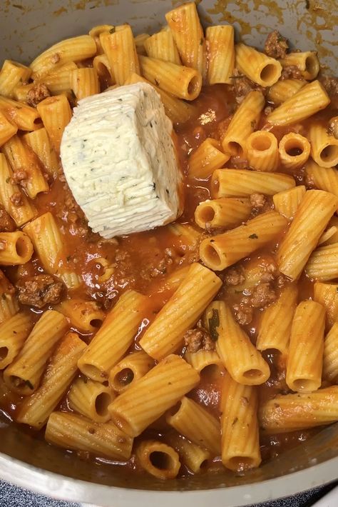 Creamy Rigatoni with Boursin Cheese - What's Mom Cookin' Divine Recipes Pasta, Boursin Cheese Pasta Crockpot, Garlic Ground Beef Recipes, Best Marinara Pasta Recipe, Spaghetti With Boursin Cheese, Whats Mom Cooking, Recipes With Rigatoni Noodles, Boursin Cheese Lasagna, Ground Beef Boursin