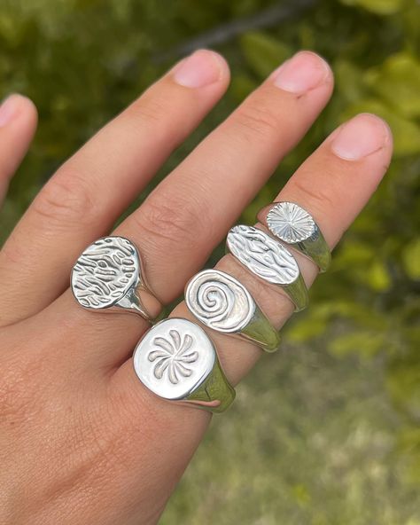 from wax to metal 🕯️ crafted from recycled sterling silver using the ancient lost wax casting process, each piece starts from a block of wax that i carve, melt and engrave before sending it off to get cast into metal. all of these one off beauties are still available & looking for their forever homes! Molde, Wax Cast Rings Sterling Silver, Lost Cast Waxing Rings, Cast Rings Ideas, Wax Carved Ring Ideas, Wax Ring Carving Ideas, Silver Clay Jewelry Ideas, Guy Rings, Lost Wax Casting Rings