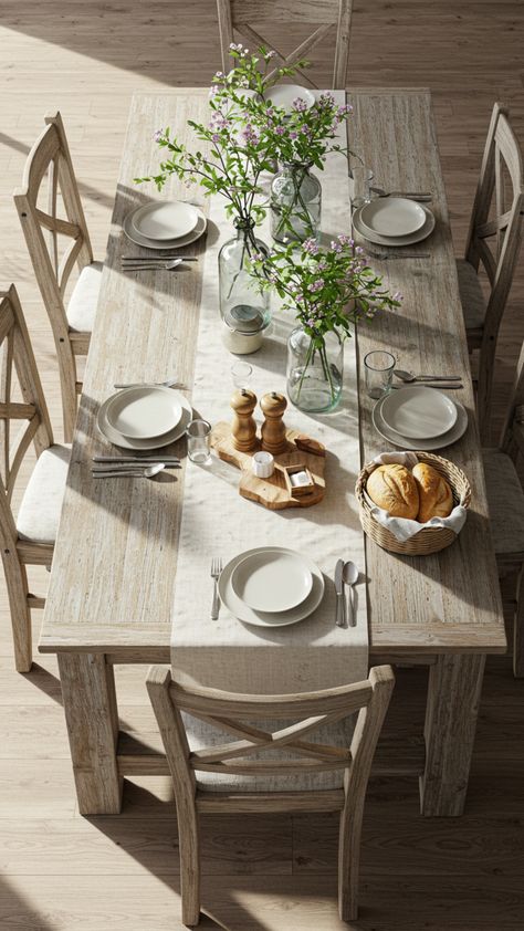 Handmade Farmhouse Dining Table with Linen Table Runner Handmade Farmhouse, Wood Farmhouse, Wooden Chairs, Farmhouse Decor Ideas, Farmhouse Dining Table, Diy Farmhouse Decor, Fresh Cut Flowers, Diy Farmhouse, Farmhouse Dining