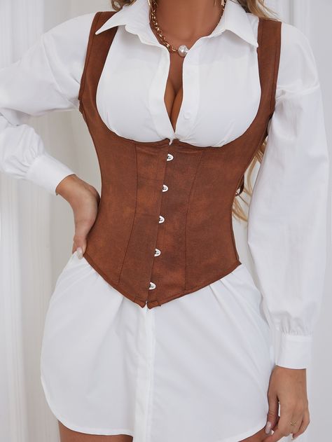 Brown    Suede Plain Tops Embellished Non-Stretch  Women Intimates Corset Over Shirt, Corset Top Outfit, Brown Corset, Corset Outfits, Fashion Corset, Lace Back Dresses, Corset Blouse, Corset Outfit, Corset Shapewear