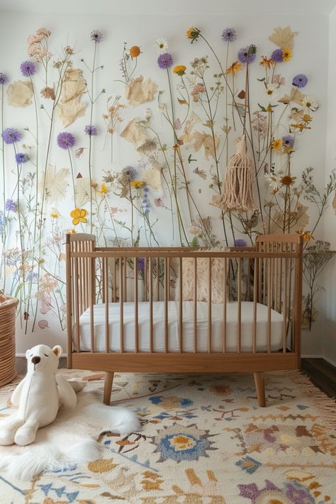 Wildflower nurseries inspire a vibrant, nature-filled space for your little one. Click to see more inspiration. Flower Nursery Wallpaper, Wild Flower Nursery Decor, Bright Floral Nursery, Wildflower Nursery Theme, Wildflower Nursery, Pastel Wall Decals, Secret Garden Nursery, Wild Flower Nursery, Floral Nursery Theme