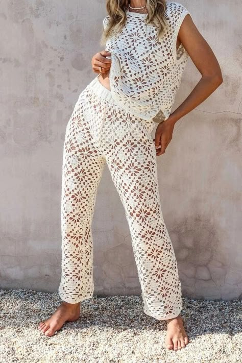 Crochet Pant, Crochet Beachwear, Two Piece Set Pants, Knit Two Piece Set, Tøp Aesthetic, Crochet Stitches Diagram, Crochet Pants, Crochet Shop, Warm Beige