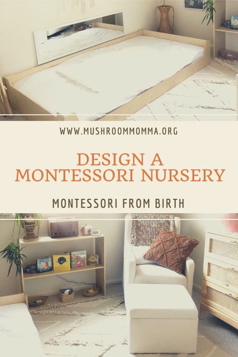 Montessori From Birth, Montessori Crib Newborn, Montessori Bedroom Baby Infant Room, Montessori Bedroom Infant, Montesorri Nursery Room, Montisorri Baby Bedroom, Infant Montessori Room, Nursery Ideas Montessori, Montessori Nursery Infant Room