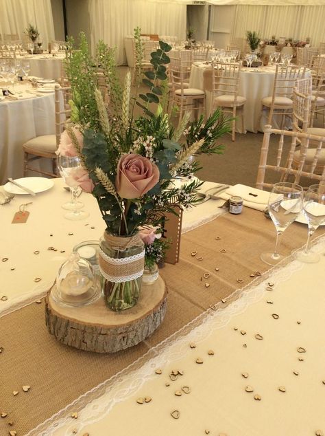 Hessian Wedding Ideas Table Decorations, Rustic Flower Table Arrangements, Log Slice Centrepiece, Log Slice Table Decorations, Log Slice Centerpiece Wedding, Hessian Table Runner Wedding, Hessian Table Decor, Log Slice Centerpiece, Hessian Wedding Ideas