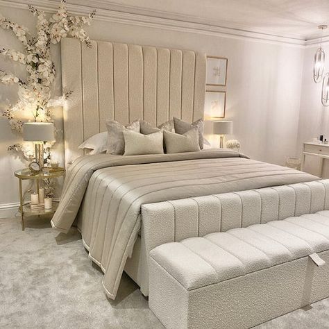 Cream And Gold Bedroom Ideas, Panelled Headboard, Cream Ottoman, Boucle Bed, Glam Bed, Beautiful Bed Designs, Simple Bed Designs, Bed Frame Sizes, Fabric Bed Frame