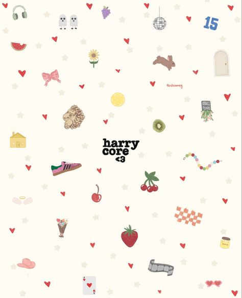 a poster with little doodles of things I relate to harry styles. including: a pink adidas gazelle, fruits, heart shaped glasses, red hearts, etc. Harry Styles Cartoon Wallpaper, Harry Styles Pumpkin Painting, Phone Wallpaper Harry Styles, Harry Styles Posters Aesthetic, Harry Styles Desktop Wallpapers, Harry Styles Poster Aesthetic, Harry Styles Core Aesthetic, Harry Styles Widget, Harry Styles Illustration