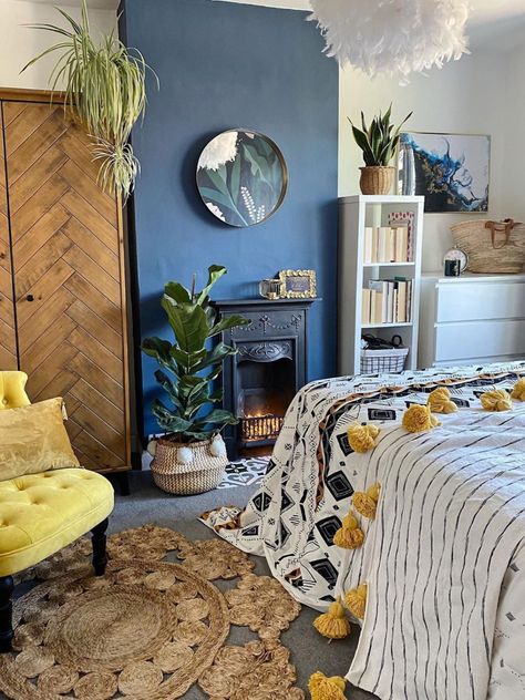 Blue Yellow Bedrooms, Monochrome Bedroom, Yellow Bedroom, Bedroom Color Schemes, Blue Rooms, Bedroom Green, Blue Bedroom, Room Tour, Blue Decor