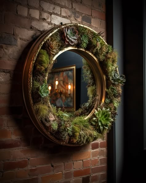 Round moss and succulent wall decor, design concept by Paje Honor Moss And Succulent Wall, Plant Mirror, Corner Gardens, Forest Mirror, Succulent Wall Decor, Moss Mirror, Basement Window Well, Green Bathrooms, Dark Green Bathrooms