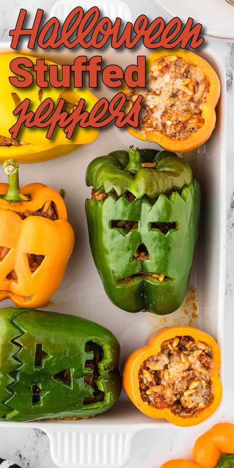 Halloween Peppers Stuffed, Stuffed Peppers Halloween, Halloween Stuffed Peppers Beef, Halloween Quick Dinner, Halloween Dishes Food Dinners, Stuffed Pepper Pumpkins, Jackolantern Stuffed Bell Peppers, Pumpkin Peppers Stuffed, Halloween Stuffed Bell Peppers