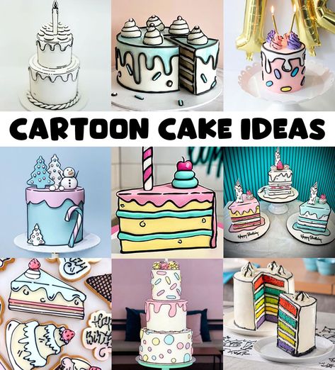 Food Cakes Theme, Pop Art Comic Birthday Cake, 3d Cartoon Cake Design, Comic Cupcake Ideas, Cartoon Cake Decorating Ideas, Comic Book Cupcakes, Cartoon Cake Decoration, Comic Book Birthday Cake, How To Make A Comic Cake