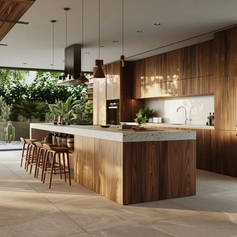 Japandi Kitchen With Window, Tropical Modern Kitchen, Earthy Modern Kitchen, Big Kitchens, Modern Cabin Interior, Zen Kitchen, Slate Countertop, Modern Wood Kitchen, Big Kitchen