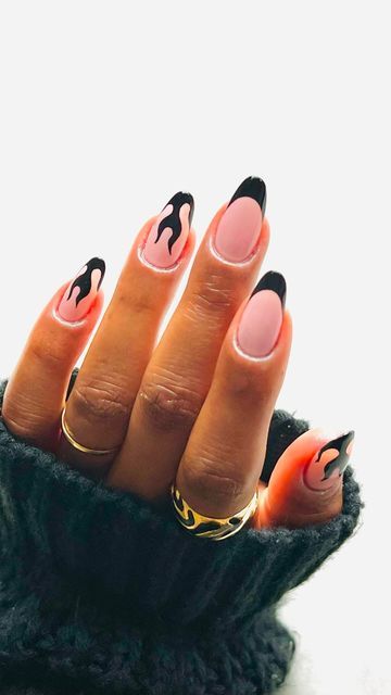 Fun Bride Nails, Black Flame Nail Art, Black Nails With French Tip, Feminist Nail Art, Flame French Tip Nails, Nails With Writing, Flame French Tip, Fun Black Nails, Lightening Nails