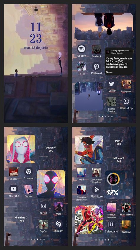 Spiderman Phone Theme Miles, Spiderverse Themed Phone, Marvel Phone Layout, Aesthetic Iphone Homescreen Wallpaper, Phone Screen Layout Ideas, Spiderman Atsv Wallpaper, Spiderverse Phone Theme, Android Lockscreen, Image Spiderman