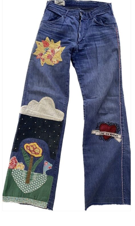 landlubber vintage 70s jeans 26 waist 25 24 embroidered patchwork high rise | eBay Cute Oversized Jeans, Redesigned Clothes Upcycling, Upcycle Womens Clothes, Quilt Patch Overalls, Patchwork Denim Overalls, Patched Up Jeans, Things To Make With Old Clothes, Altered Couture Refashioning, Bows On Jeans