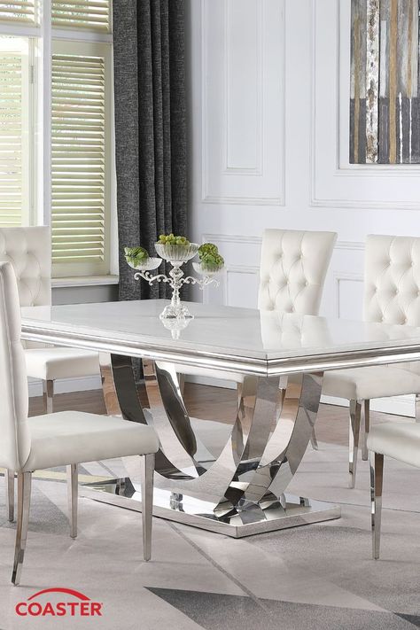 Coaster Fine Furniture has dining sets for every style home! Our Kerwin Collection features a gorgeous faux marble table top above a chrome finished base for an upscale look. Velvet dining chairs add a sophisticated flair to the space. Use the store locator to find where Coaster products are sold near you. Glam Dining Table, Unique Dining Room Table, Dining Room Glam, Chrome Dining Table, Dining Room Design Luxury, Glam Dining, Stone Top Dining Table, Unique Dining Room, Dining Table White